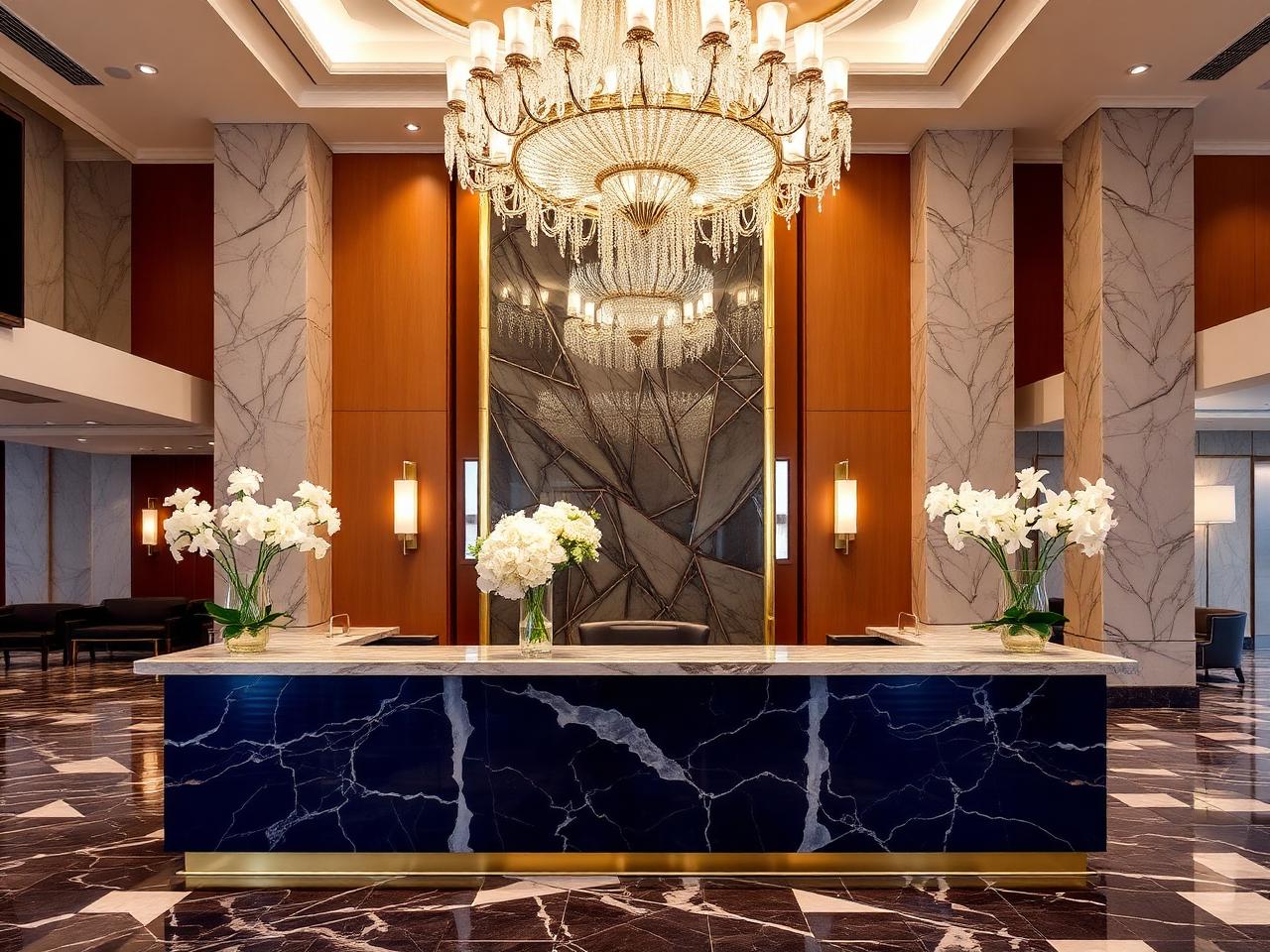 Grand marble lobby with chandelier